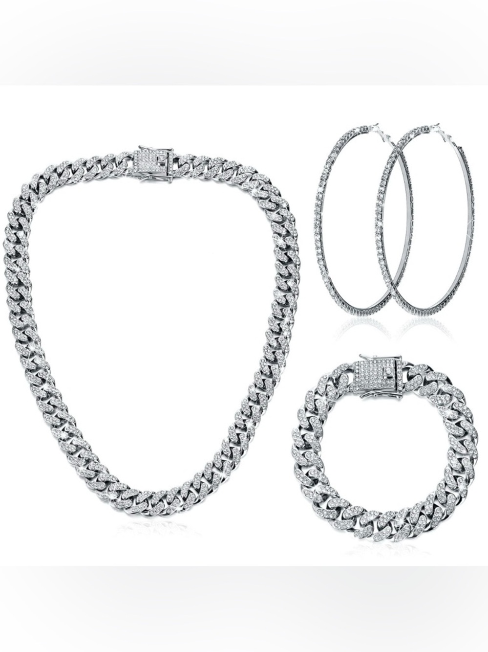 Silver Cuban Link Hip Hop Set 18” Necklace 8” Bracelet Rhinestone Earrings